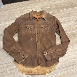 True Religion distressed brown coated denim shirt XS jean shirt snap buttons